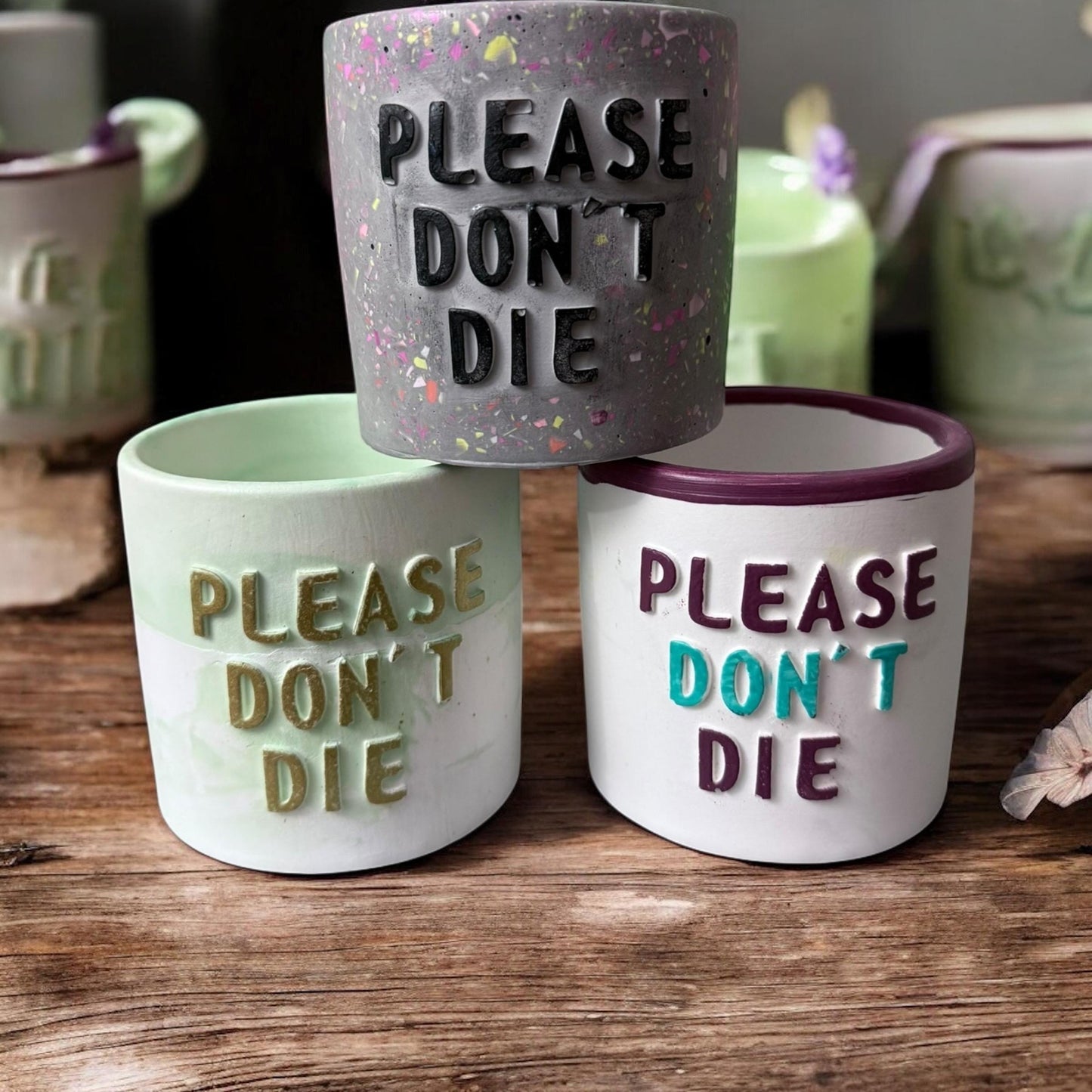 Witziger Blumentopf aus Gießmasse | „Please Don’t Die“ Pflanzenübertopf | Handmade Dekoration für Zimmerpflanzen | Geschenk für Pflanze
