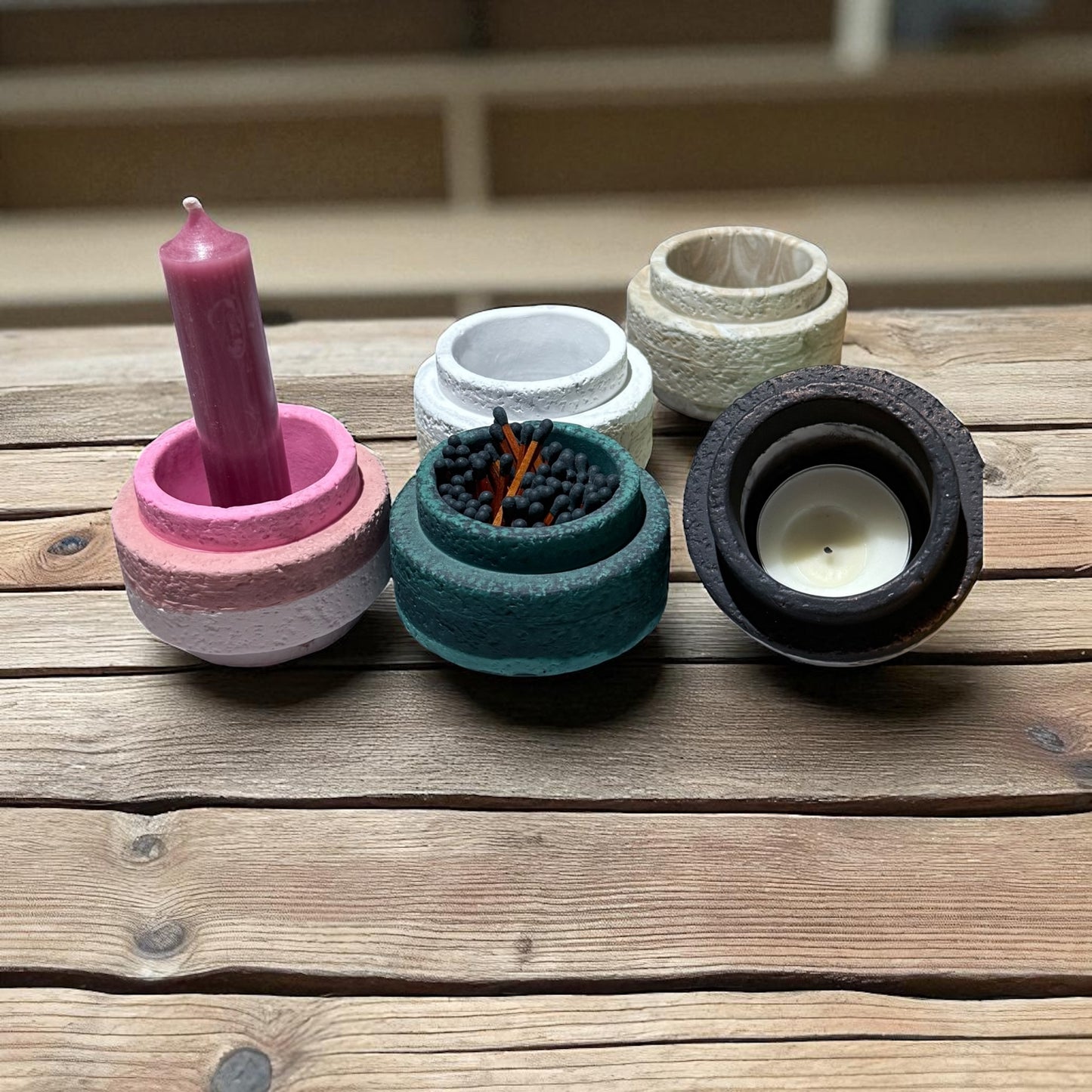Teelichthalter | Streichholzhalter| Stabkerzenhalter - 3 in 1 Kerzenhalter in Lavastein Optik
