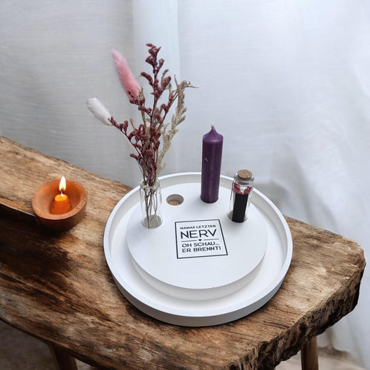 Geschenk für Mama oder Freundin  – Humorvolles Deko-Tablett mit Kerze, Trockenblumen & Spruch – Mamas letzter Nerv – Lustige Geschenkidee