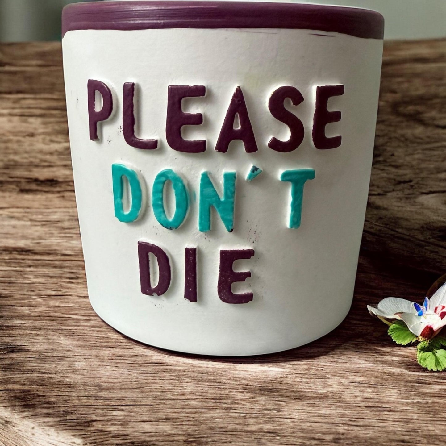 Witziger Blumentopf aus Gießmasse | „Please Don’t Die“ Pflanzenübertopf | Handmade Dekoration für Zimmerpflanzen | Geschenk für Pflanze