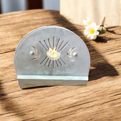 Mondphasen Teelichthalter aus Reliefgießmasse- spirituelle Deko mit Sonne & Mond- Altar Kerzenhalter- Boho- und Mystik Geschenkidee