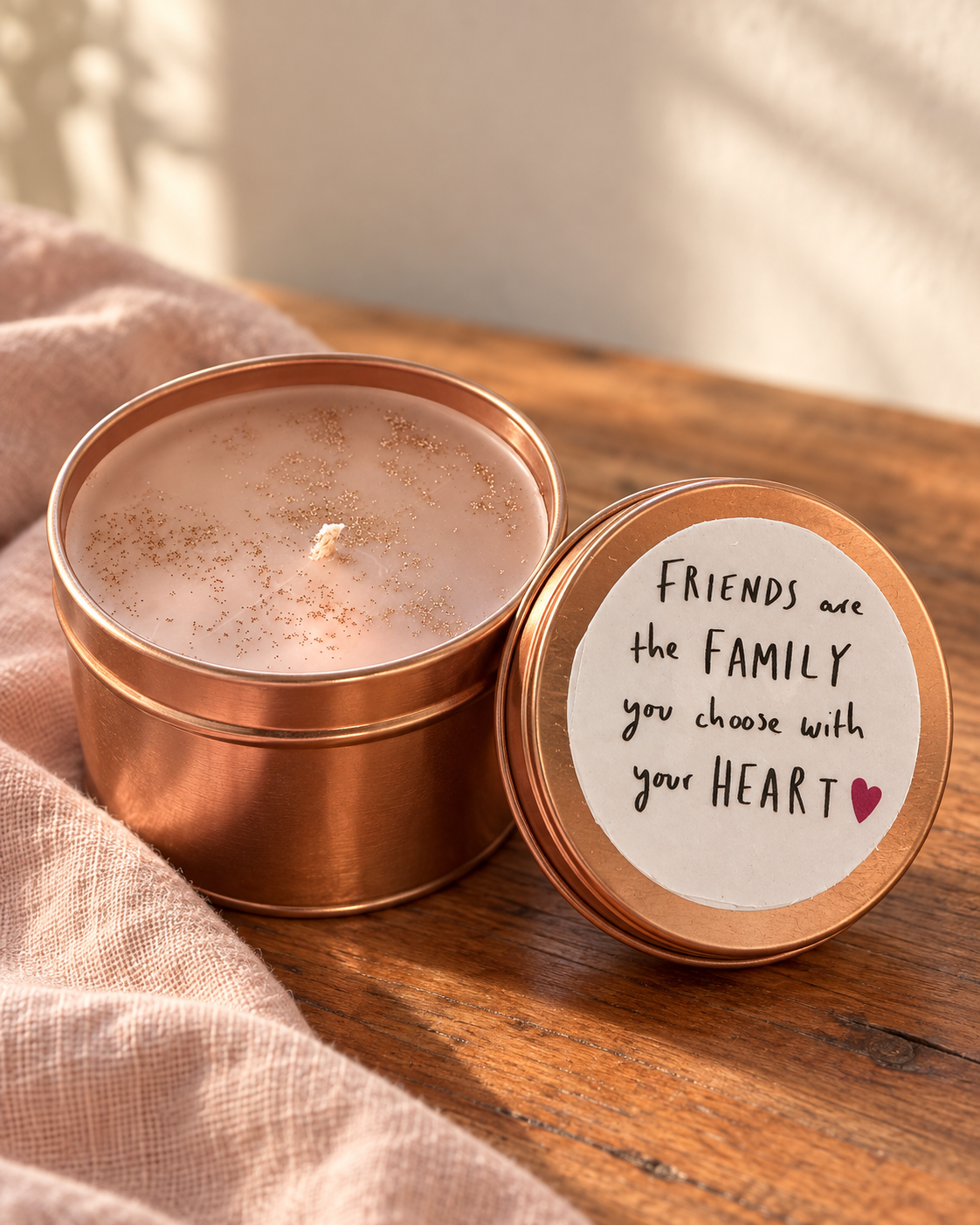 Friends are the family you choose with your heart – Duftkerze in kupferfarbener Dose | 90 g
