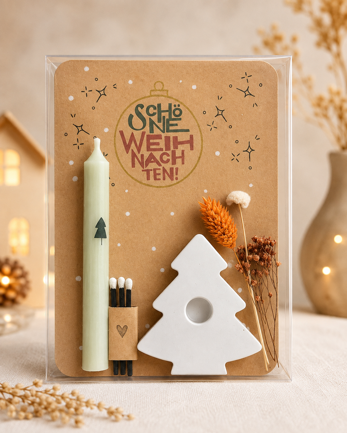 Kleines Weihnachtsgeschenk Set – Kerzenhalter mit Kerze & Streichhölze
