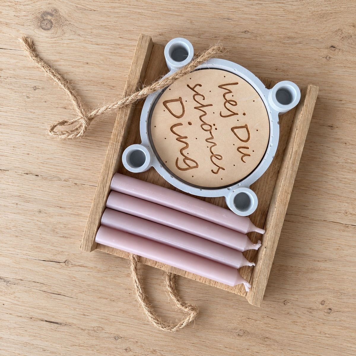 Kerzenhalter-Geschenkset mit 4 Kerzen & Spruch-Einleger