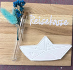 Tirelire cadeau argent | Tirelire de vacances avec bateau coulé à la main et fleurs séchées | Cadeau pour voyage, départ, vacances, mariage