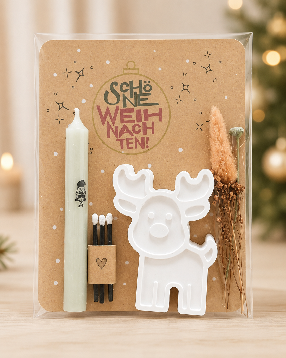 Kleines Weihnachtsgeschenk Set – Kerzenhalter mit Kerze & Streichhölze