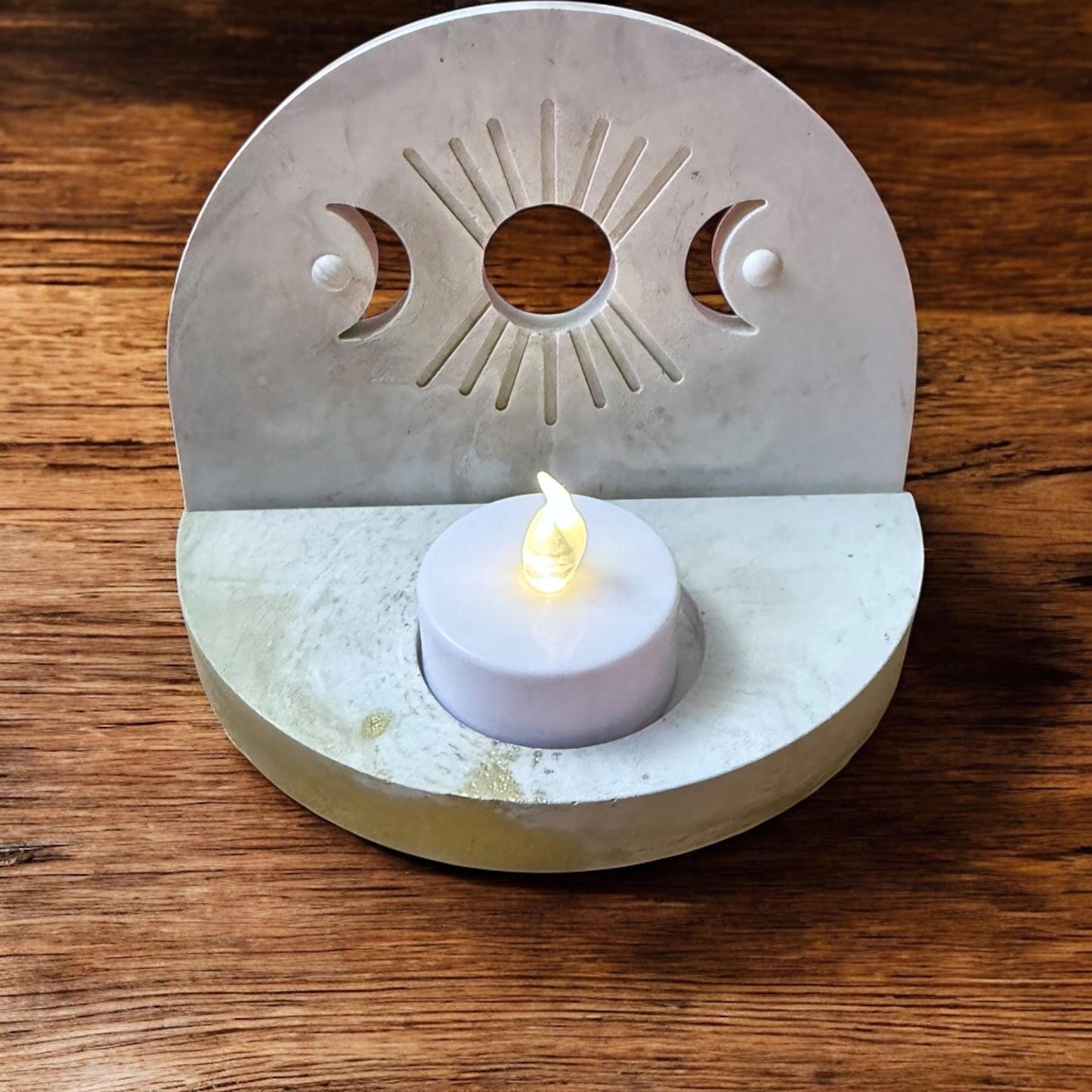 Mondphasen Teelichthalter aus Reliefgießmasse- spirituelle Deko mit Sonne & Mond- Altar Kerzenhalter- Boho- und Mystik Geschenkidee