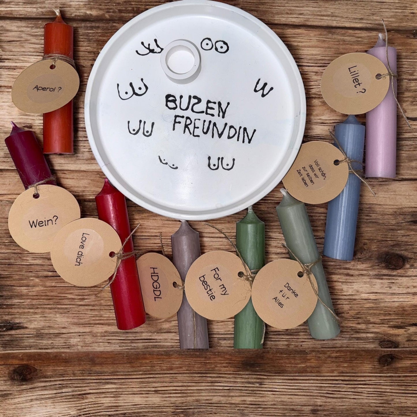 Geschenkset für die beste Freundin – Gießmasse-Teller & bunte Sprüche-Kerzen
