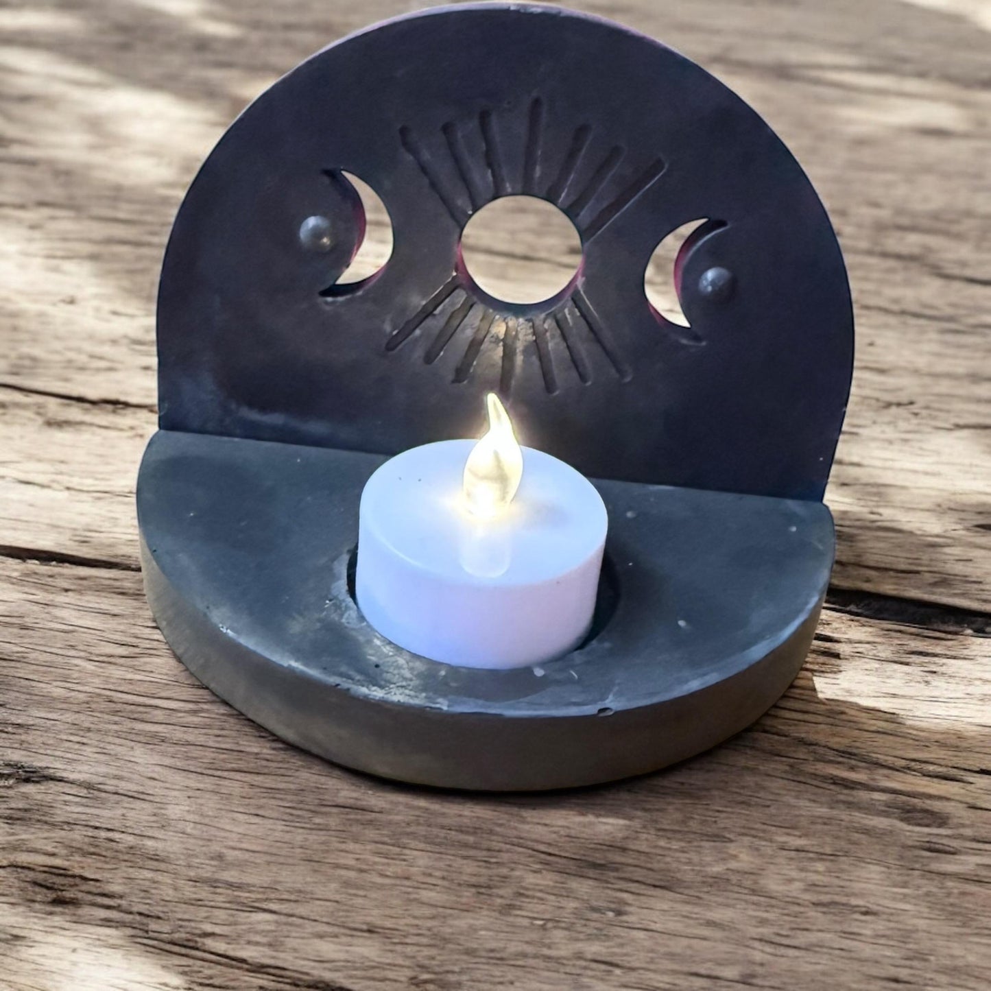 Mondphasen Teelichthalter aus Reliefgießmasse- spirituelle Deko mit Sonne & Mond- Altar Kerzenhalter- Boho- und Mystik Geschenkidee