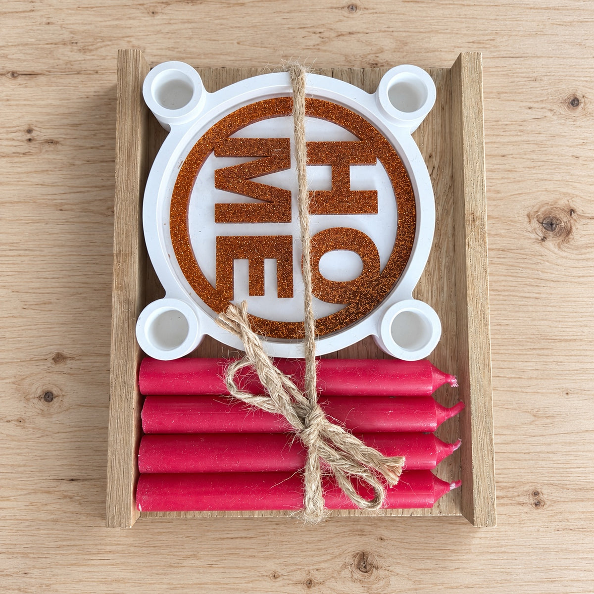 Kerzenhalter-Geschenkset mit 4 Kerzen & Spruch-Einleger
