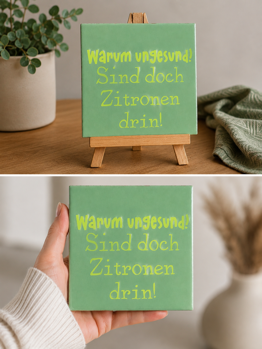 Spruch-Kachel – „Warum ungesund? Sind doch Zitronen drin!“