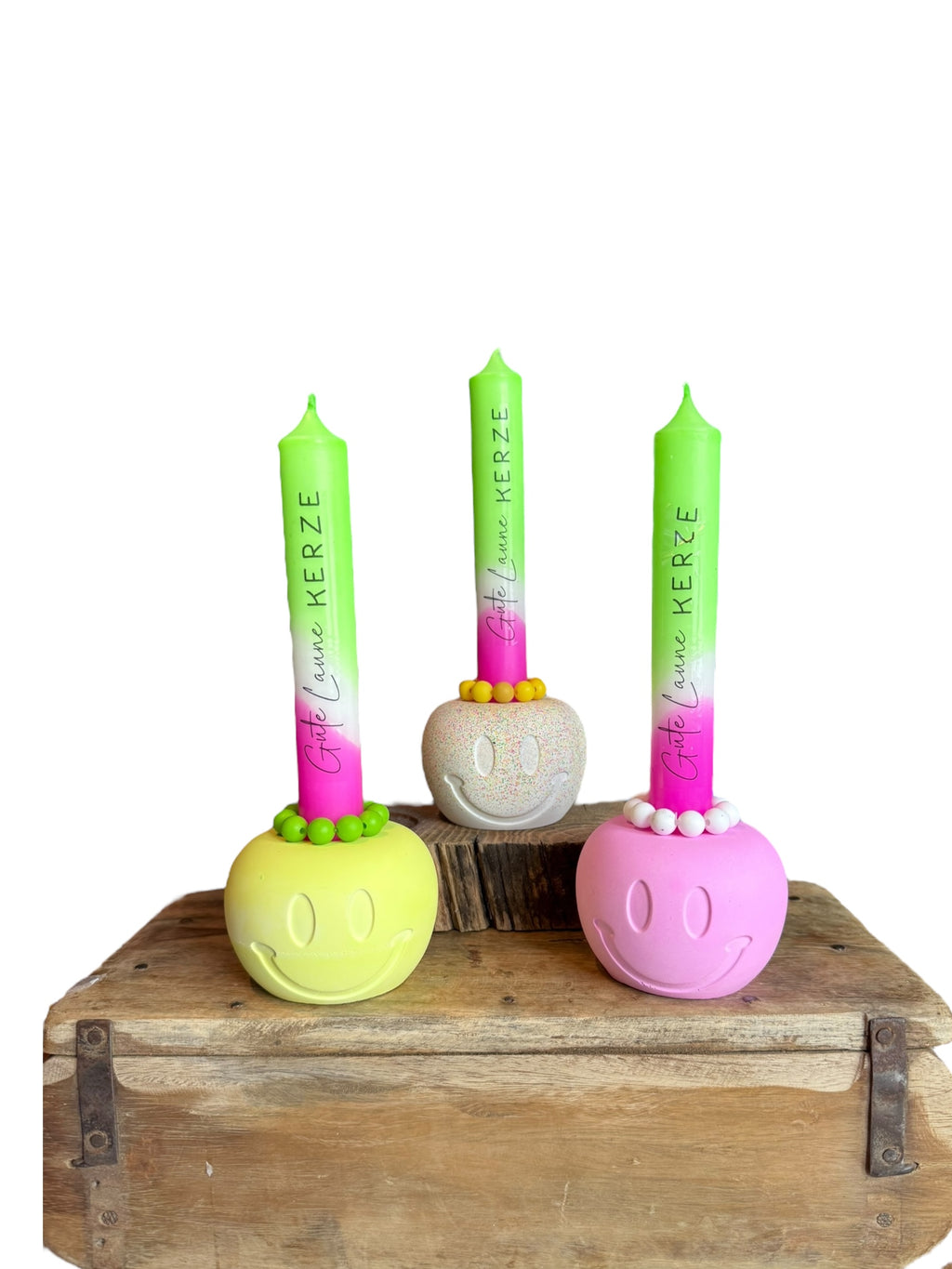 Gute Laune Kerze / Handgemacht aus Gießmasse / Trendige Deko / Gute Laune Deko / Geschenkidee / Stabkerzenhalter /Bunte Wohnaccessoires