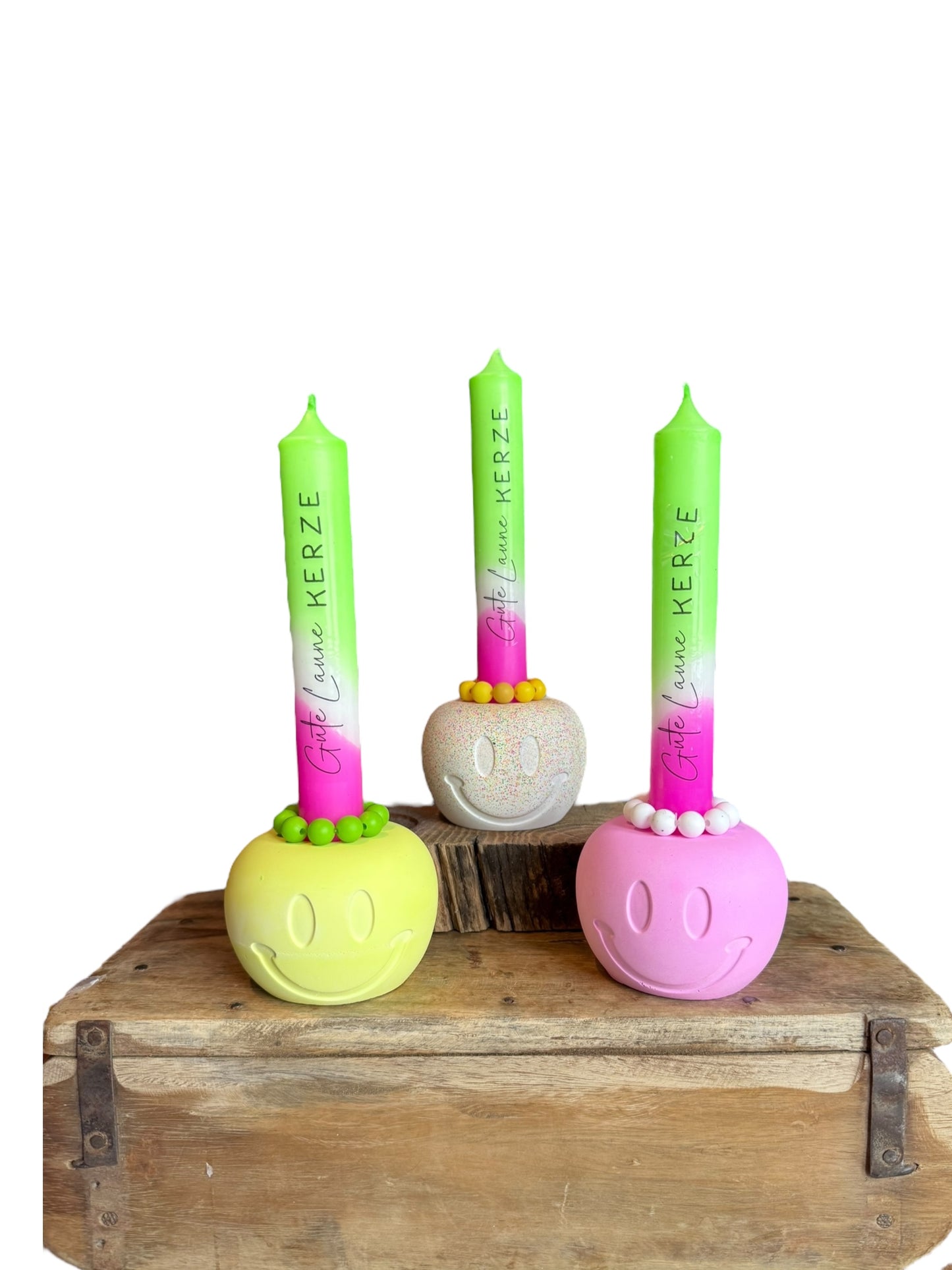 Gute Laune Kerze / Handgemacht aus Gießmasse / Trendige Deko / Gute Laune Deko / Geschenkidee / Stabkerzenhalter /Bunte Wohnaccessoires