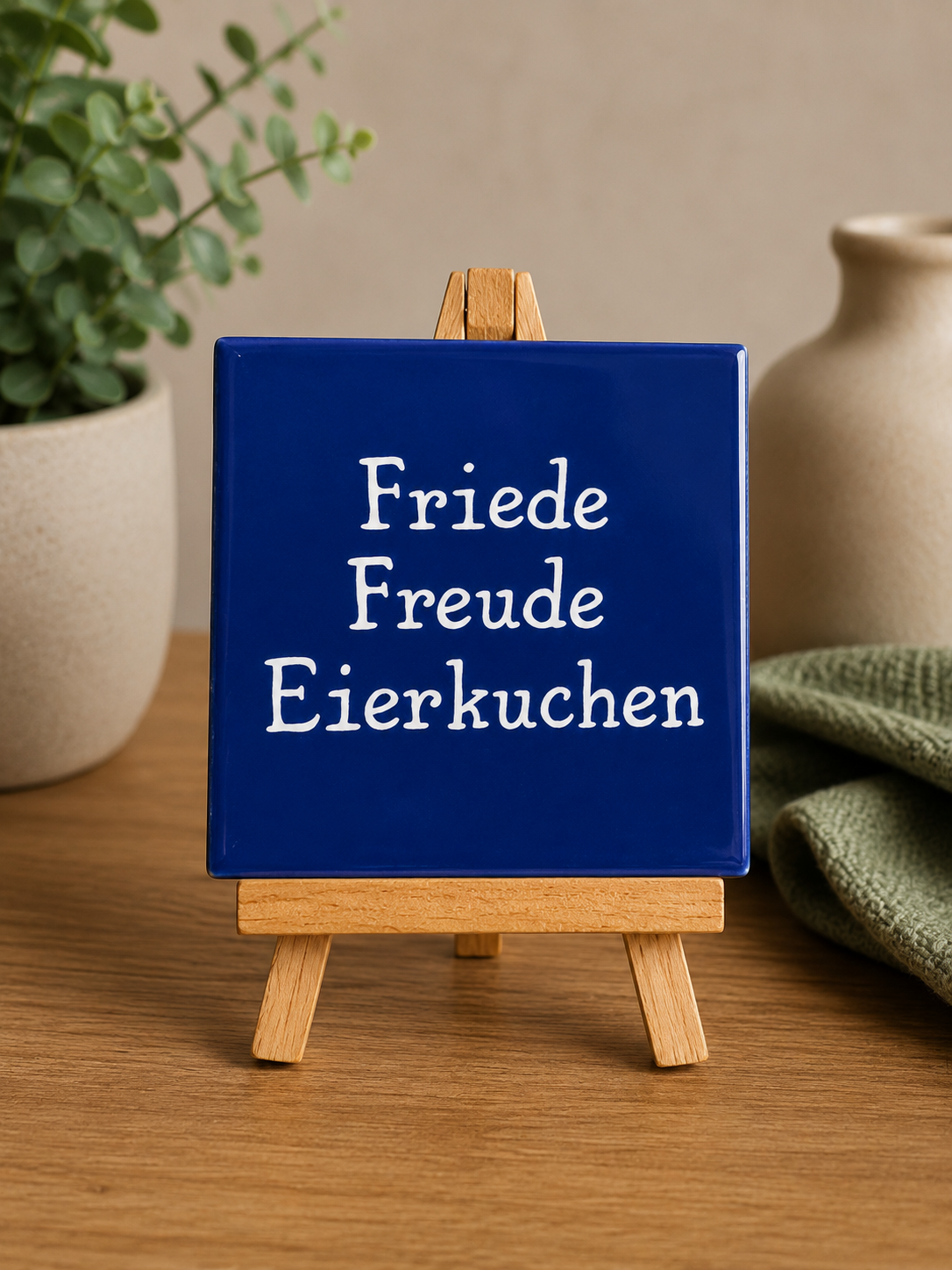 Spruch-Kachel – " Friede Freude Eierkuchen "