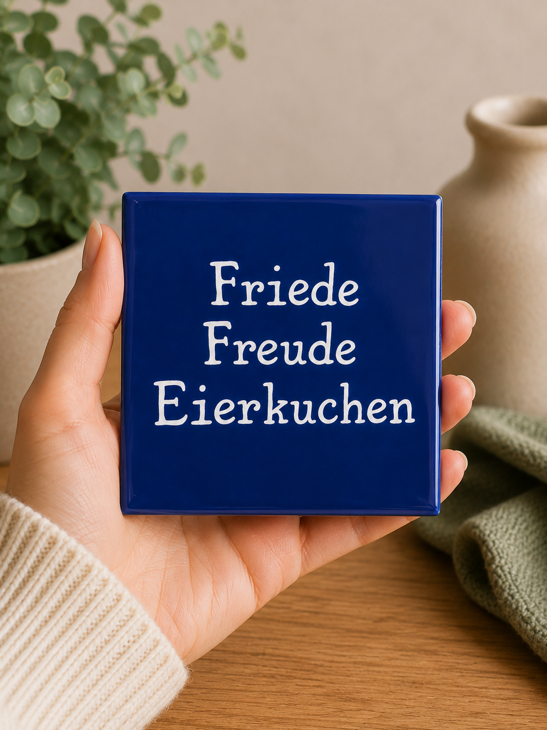 Spruch-Kachel – " Friede Freude Eierkuchen "