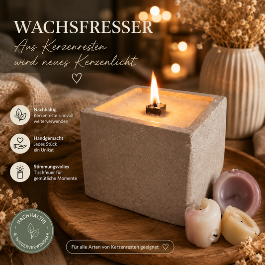 Wachsfresser aus Beton – Handgegossen | Kerzenreste verwerten | Tischfeuer mit Dauerdocht | Schmelzfeuer