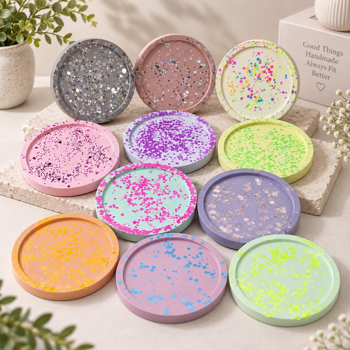 Bunte glitzer Untersetzer aus Gießpulver | Handmade | farbenfrohe Coaster für Getränke und co