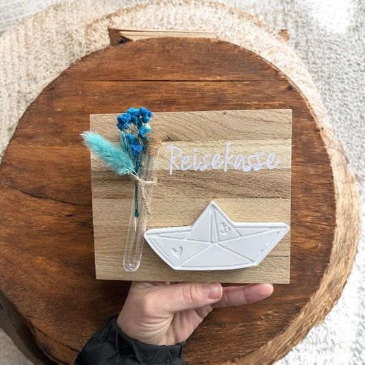 Reisekasse Geldgeschenk | Urlaubskasse mit handgegossenem Boot & Trockenblumen | Geschenk zur Reise Abschied Urlaub Hochzeit